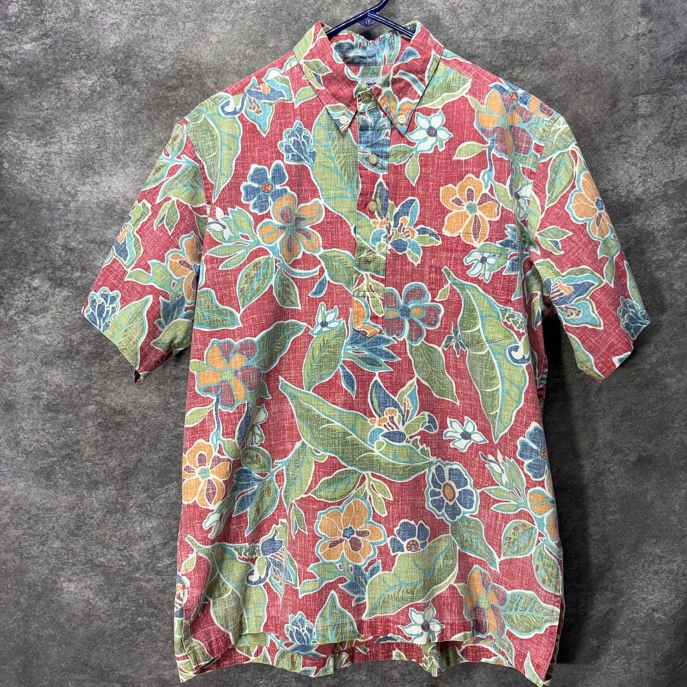 VTG Reyn Spooner Popover Hawaiian Aloha Shirt Mens M Red Floral Reverse Print